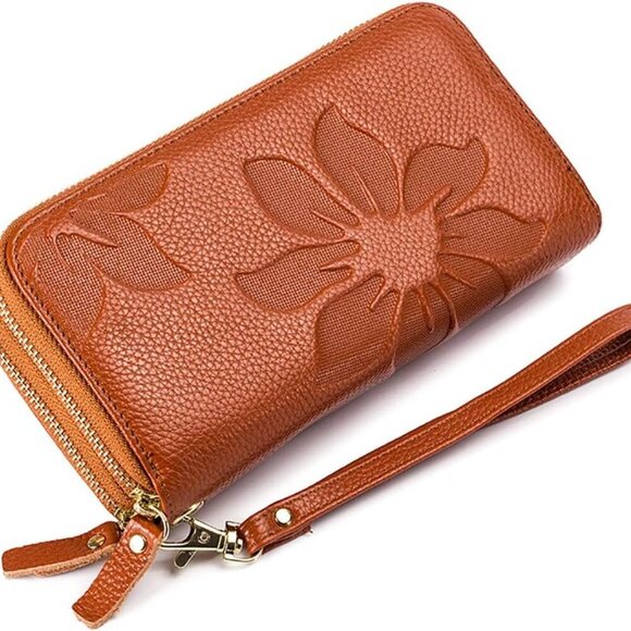 Women’s Leather RFID Wallet with Double Zipper Card Cash Slots Clutch Brown - Picture 3 of 5